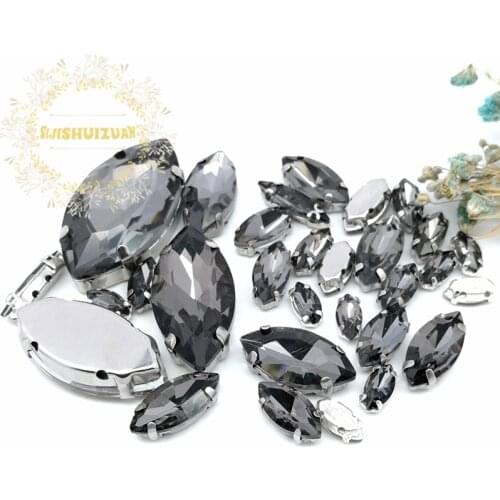 30pcs 8sizes Popular! MIX Gray Horse eye Size Crystal Glass Sew-on Rhinestones Silver Bottom DIY Womens Dresses and shoes