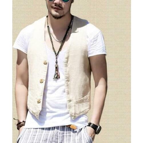 5XL Mens Cotton Linen Casual Vest Single-breasted Retro Slim Waistcoat 5Colors Plus Size Summer New 2021