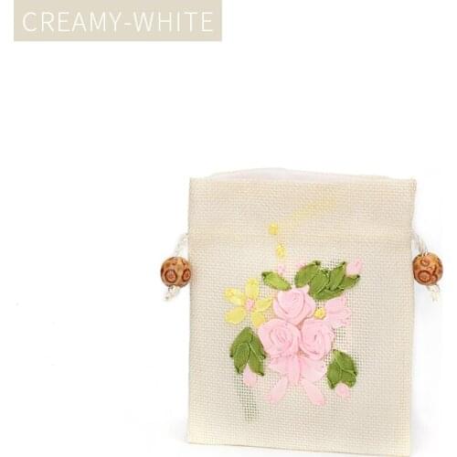White Flower Burlap Embroidery Jewelry Storage Display Bag Women Earring Pendent Bracelet Ring Showcase For Lover Gift Jewellery