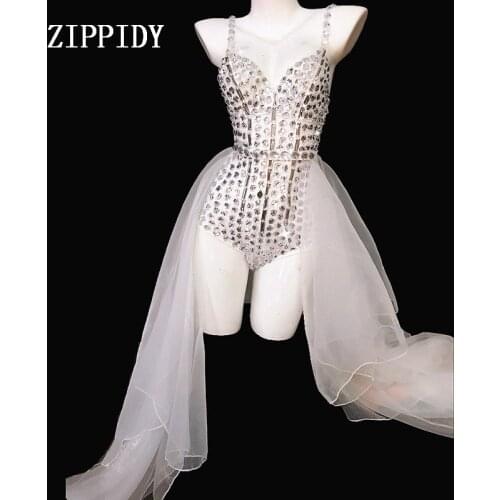 Shining Performance White Crystals Outfit Female Singer Mesh Train Costume Sexy Rhinestones Bodysuit Jazz Dance Wear
