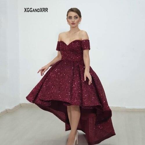 Sparkly Burgundy High Low Prom Dress 2021 Sexy Off Shoulder Formal Sequin Short Evening Party Gown Saudi Arbia Lady Gala Dress