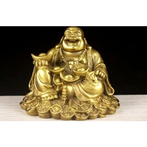 Pure Brass Copper Maitreya Car Ornament Metal Gold Coin Buddha Statue Home Decoration Craft Gift