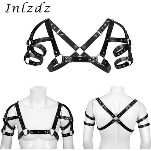 Harness Mens Erotic Lingerie Leather Wetlook Body Chest Shoulder Harness Bondage Sexy Costume with Press Buttons Gay Sex Costume