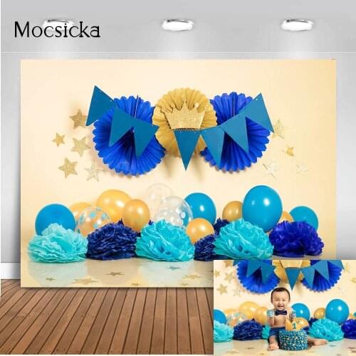 Blue Paperflower Newborn Cake Smash Backdrop for Photography Studio Crown 1st Birthday Cakes Photo Booth Background Portrait