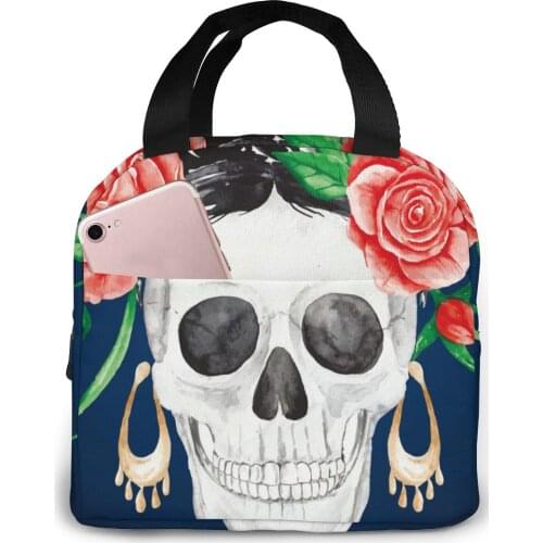 Dia De Muertos Skull With Flowers Lunch Food Box Bag Insulated Thermal Food Picnic Lunch Bag for Women kids Men Cooler Tote Bag