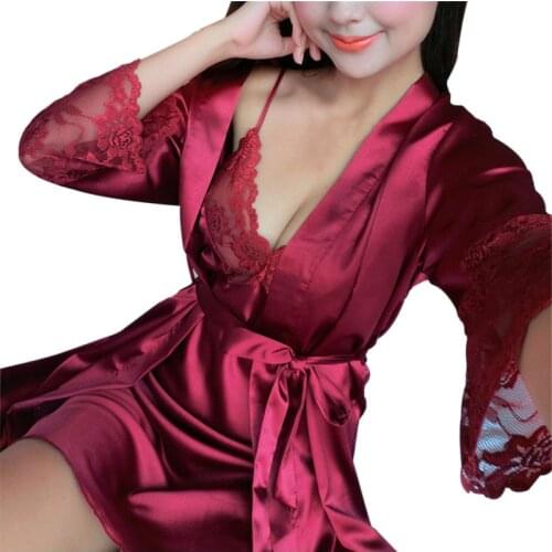 2 Pcs Lingerie Set Women Silk Pajamas Sexy Lace Robe Sets Lady Nightgown Sleepwear A7 A8