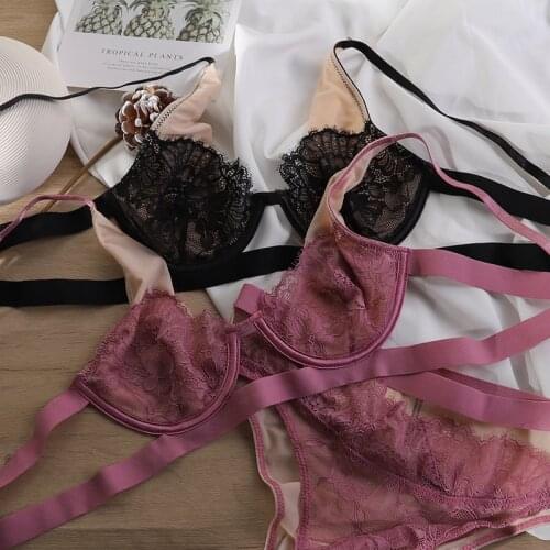 Girls' thin lace bra panty sets comfortable big breasts underwear set sexy deep V beautiful back ultra-thin lingerie brief suit