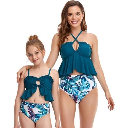 Xingqing Matching Family Swimsuit Parent-Child Swim Set Solid Color Ruffled Hollowed Tops with Printed Triangle Bottoms Bikini