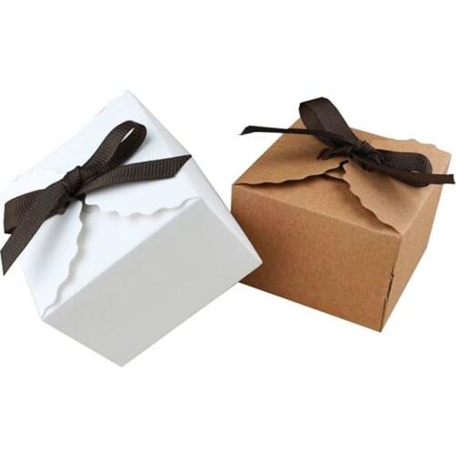 50pcs Vintage White and Kraft Paper Box Small Cookie Candy Boxes Supply Wedding Birthday Favor Gift Boxes with Ribbon