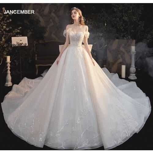 LDR38 Shiny Off-shoulder Light Wedding Dress 2021 Flowers Print Bow Tail Dress Bride Simple Graceful Elegant vestidos de fiesta