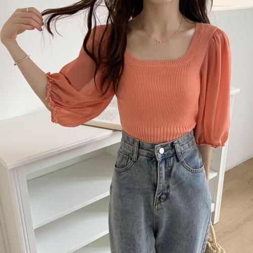 Summer Women O-Neck Puff Sleeve Basic Ruffles Shirt Sexy Lady Short Elastic Slim Waist Pullover Chiffon Knitted Chic Blouse Tops