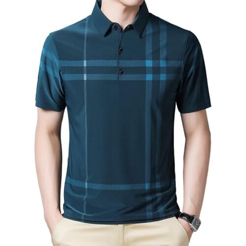 BROWON Business Polo Shirt Men Summer New Casual Loose Breathable Anti-wrinkle Short Sleeved Plaid Men Polo Shirt Men Tops