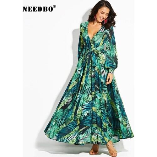 NEEDBO Dress 2021 Long Sleeve V-neck Green Leaf Printed Skirt Long Chiffon Dress Large Size Sundress Robe Elegant Woman Dress