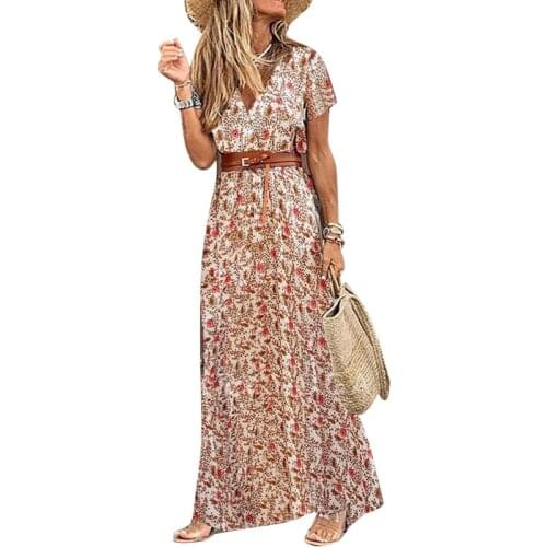 Plus size dress Boho Women V Neck Short Sleeve Paisley Print Belt Large Hem Beach Long Dress Belt Large Hem Beach Long Dress