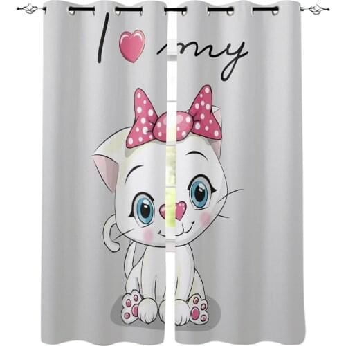 Kitten Bow Pink Window Curtains LivingRoom Kitchen Curtains Left and Right Biparting Open