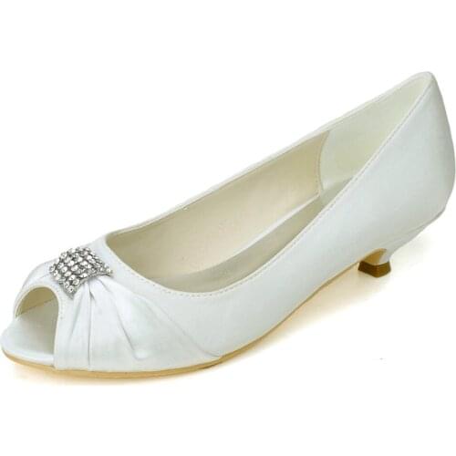 Only 1 pair - Elegant satin rhinestone diamond knot open toe evening dress shoes bridal wedding prom kitten heels size 42 ivory