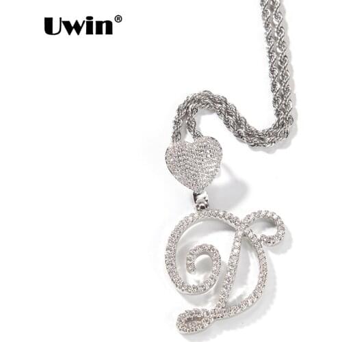 UWIN CZ Heart Bail Initial Letter Pendant Necklaces Cursive Font Charms for Women Girls Iced Out Cubic Zirconia Fashion Jewelry