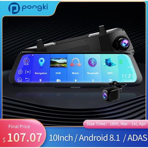 Pongki A980S 10" IPS Touch Display Dual Lens Dash Cam Night Vision GPS Android8.1 Streaming Media Rearview Mirror Car DVR Camera