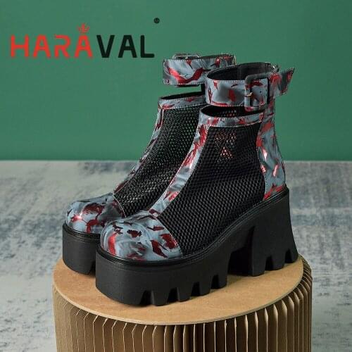 HARAVAL Ankle Boots Shoes High Hoof Heels Martin Boots Punk Waterproof Platform Round Toe Sexy Y2K Style Patchwork Women E15L