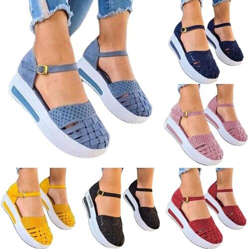Women Sabdals Buckle Strap Wedges Shoes Hollow Sandals Ladies Platform Casual Round Toe Sandalias Mujer 2021