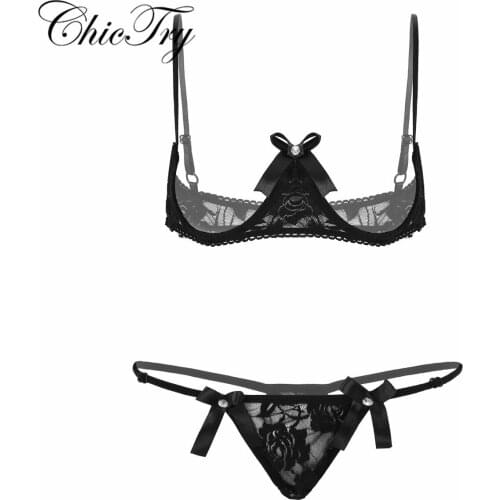 Women Floral Lace Exotic Lingerie Set Underwear Exposed Breasts Underwired Shelf Open Cup Bra with G-string Nightwear Outfits