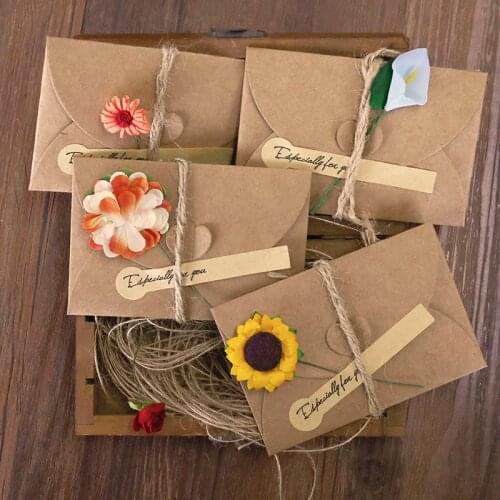 1set Mini Vintage Kraft Paper Writing Envelope Party Business Invitation Greeting Card Bag With Fashion Flower Sticker