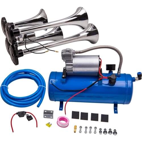 4 Trumpet 12V 24V Truck Car Train Air Horn Air Compressor Tubing Kit 150DB Train 120 PSI For Campers RVs, Off Road Vehicles