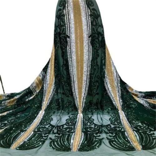 5Yards French Green Sequins Lace Fabric 2021 New Embroidery African Gold Cotton Lace Fabric Swiss Voile Lace Nigeria Materia