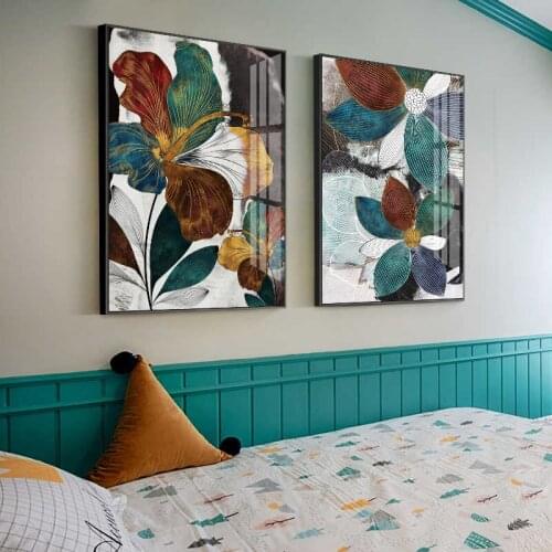 Abstract Blue Flowers Golden Lace Lines Noble Poster Nordic Art Plant Canvas Painting Vintage Wall Picture for Living Room Decor
