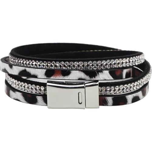 Hot New Luxury Leopard Print Jewelry Trendy Double Loop Rhinestone Bracelet Genuine Leather Bracelet Fashion Women Accessories