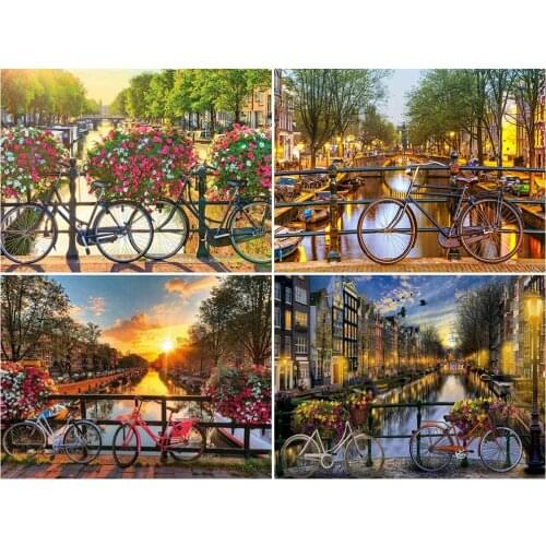 KAMY YI Boutique City Scenery Riverside Bridge Bicycle Diamond Painting Cross Stitch DIY Embroidery Mosaic European Decoration