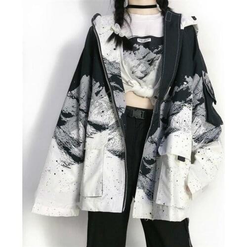 Snow mountain full print hooded jacket aesthetic Japanese Preppy lover loose casual windbreaker coat Kawaii girl cool streetwear