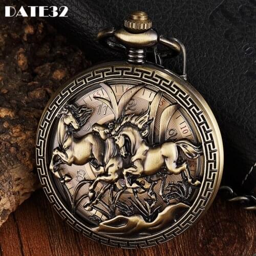 Mechanical Pocket Watch Antique Skeleton Dial Fob Chain Hanging Luxury Two Horse Waist Clock with Gift Box for Men Dropshipping