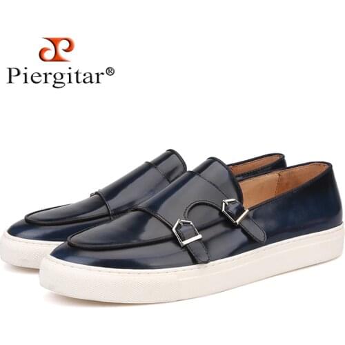Piergitar 2019 New Handcrafted Navy blue mixed colors Genuine Leather Men Loafers Sporty style Slip-on mens casual shoes