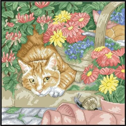 Cat in Flowers Counted Cross Stitch Kits Animal Pattern Printed Fabric Embroidery Sets 11CT 14CT DIY Crafts Home Decor Paintings