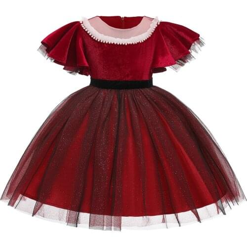 New Year Girls Wedding Red Dress Cute Beading Christmas Dress Ruffle Kids Girl Dresses Sequin Velvet Birthday Party Dress L5153