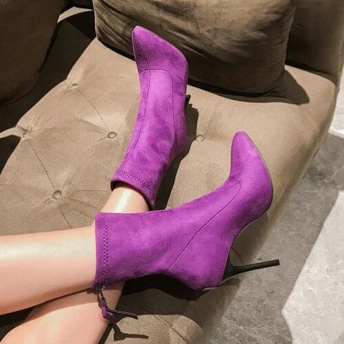 New Ladies Flock Short Boots Sexy Stiletto High Heels Pointed Toe Female Black Purple Orange Fashion Boots Zipper Women Shoes