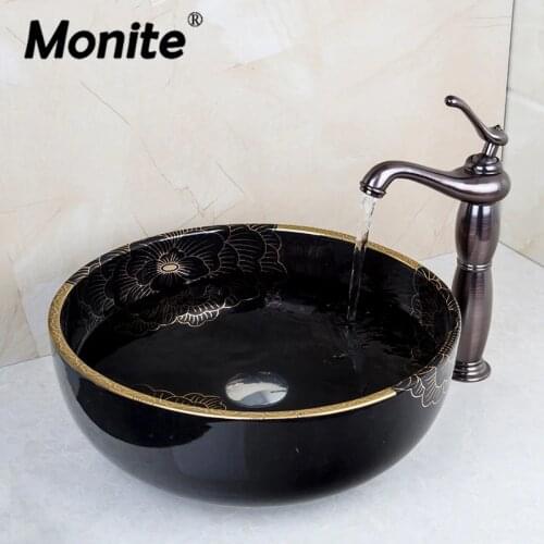 New Solid Brass Black Basin Sink Tap Bathroom Sink Washbasin Ceramic Lavatory Bath Sink Combine Set Torneira Tap Mixer Faucet