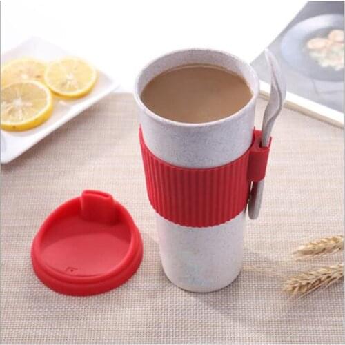 New Type Office Coffee Cup Eco-friendly Wheat Straw Milk Tea Cup Travel Coffee Mug Water Bottle With Spoon & Lid