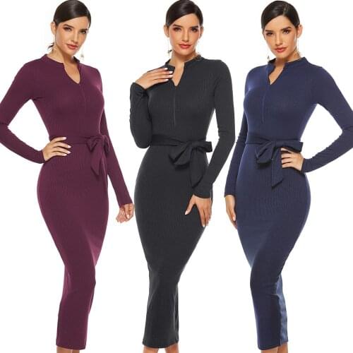 Autumn Winter Casual Bodycon Dress Women 2020 New Knitted Sexy V-neck Dress Bandage Wrap Celebrity Elegant Long Sweater Dress