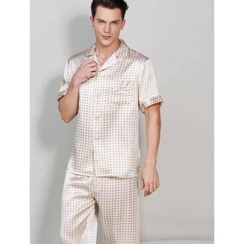 100% Mulberry Silk Men Pajama Sets Print Noble Notch Collar Short Sleeve Top with Full-Length Pant with Elastic Waist sp0179