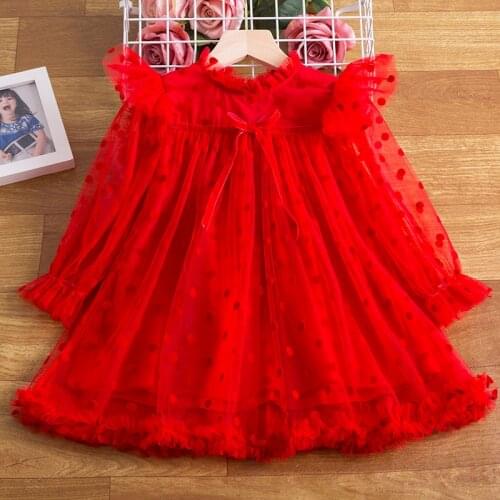Spring/Autumn Elegant Princess Dress Up For Girl Polka Dot Bow Lotus Sleeve Tulle Tutu Dress For Children Wedding Birthday Cloth