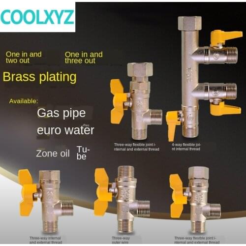 1/2 3/4 IN brass three-way gas ball valve switch one in two out live connection internal and external wire natural gas connector