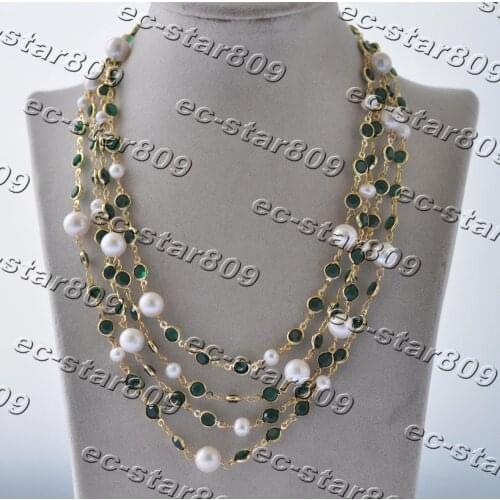 Z11311 50“-100" 11mm White Round Pearl Green Gemstone CZ gold-plating Chain Necklace Women Fashion Jewelry