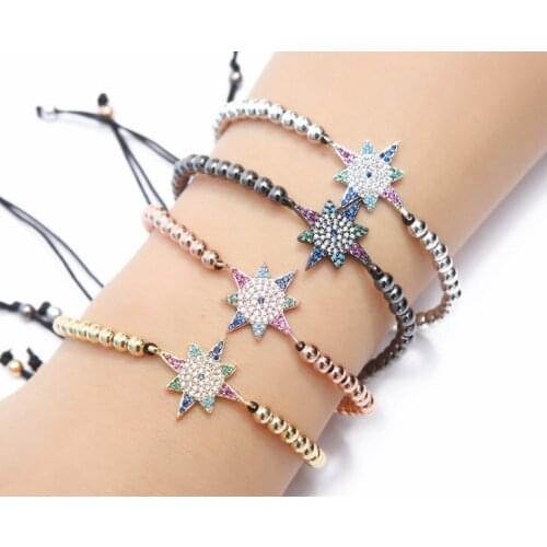 Gold silver micro pave cz Cubic Zirconia rope adjusted Copper Beads Bracelet kgj4 snowflake Charm Braided Bangles Women