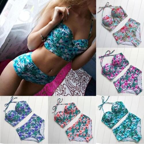 2019 Plus Size Bikini Set Women Floral Print Halter Swimwear Swimsuit High Waist Bandage Swimsuit Push-up Hot