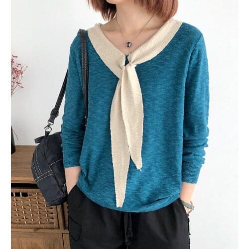 2021 Spring Autumn Pullover Cotton And Linen Sweater Womens Top V-Neck Loose Color Matching Long Sleeve Bottoming Shirt M516