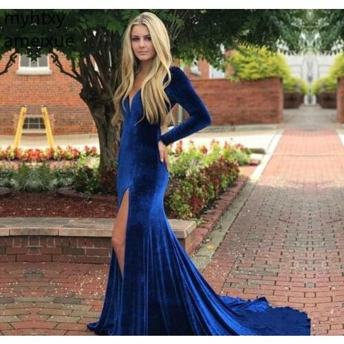2020 Mermaid Royal Blue Velvet Prom Dress Sexy Cheap V Neck Long Sleeves Formal Evening Party Gown Plus Size Ballgown Elegant