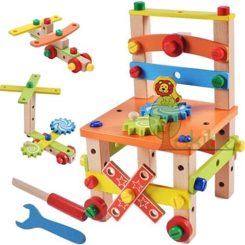 Wooden Assembling Chair Montessori Toys Baby Educational Wooden Toy Preschool Multifunctional Variety Nut Combination Chair Tool
