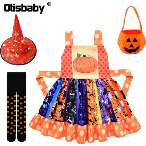 Halloween Child Black Vampire Costume Carnival Party Girls Orange Pumpkin Witch Dress Up Toddler Ruffle Vest Print Casual Dress